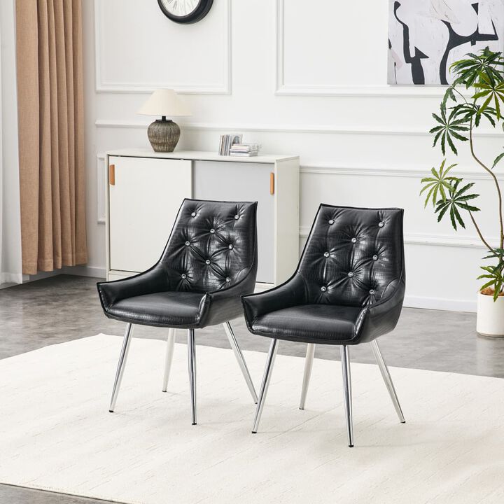Set of 2 PU Leather Dining Chairs Crocodile Embossed Accent Chairs with Diamond Tufted Back Square Seat Chairs with Metal Legs