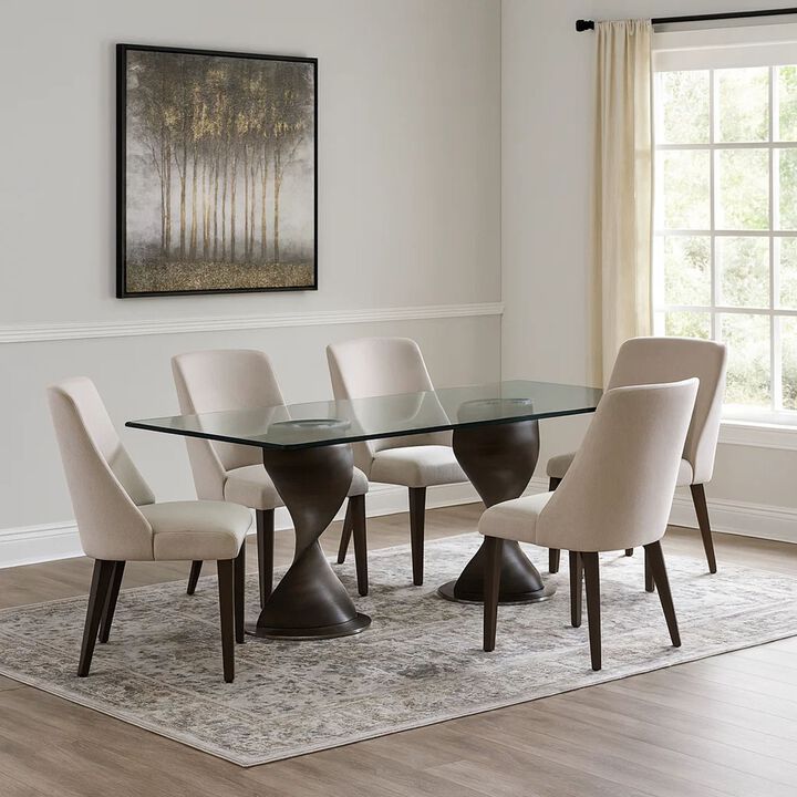 Cid Cleve Dining Table, Gray Wood, 95 Inch Clear Tempered Glass Top