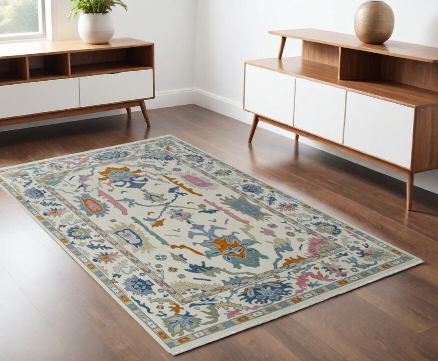 HomeRoots Wool Floral Hand Knotted Area Rug With Fringe