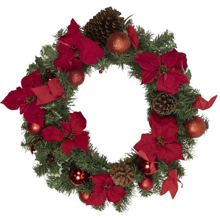 Poinsettia with Pinecone and Ball Artificial Christmas Wreath  24-Inch  Unlit