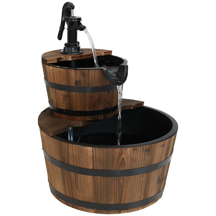 Sunnydaze Wooden Bowl/Barrel Water Fountain with Hand Pump/Liner - 23 in