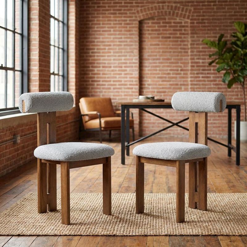 Boucle Fabric Upholstered Dining Chairs, French Oak Ivory, Set of 2 image number 4