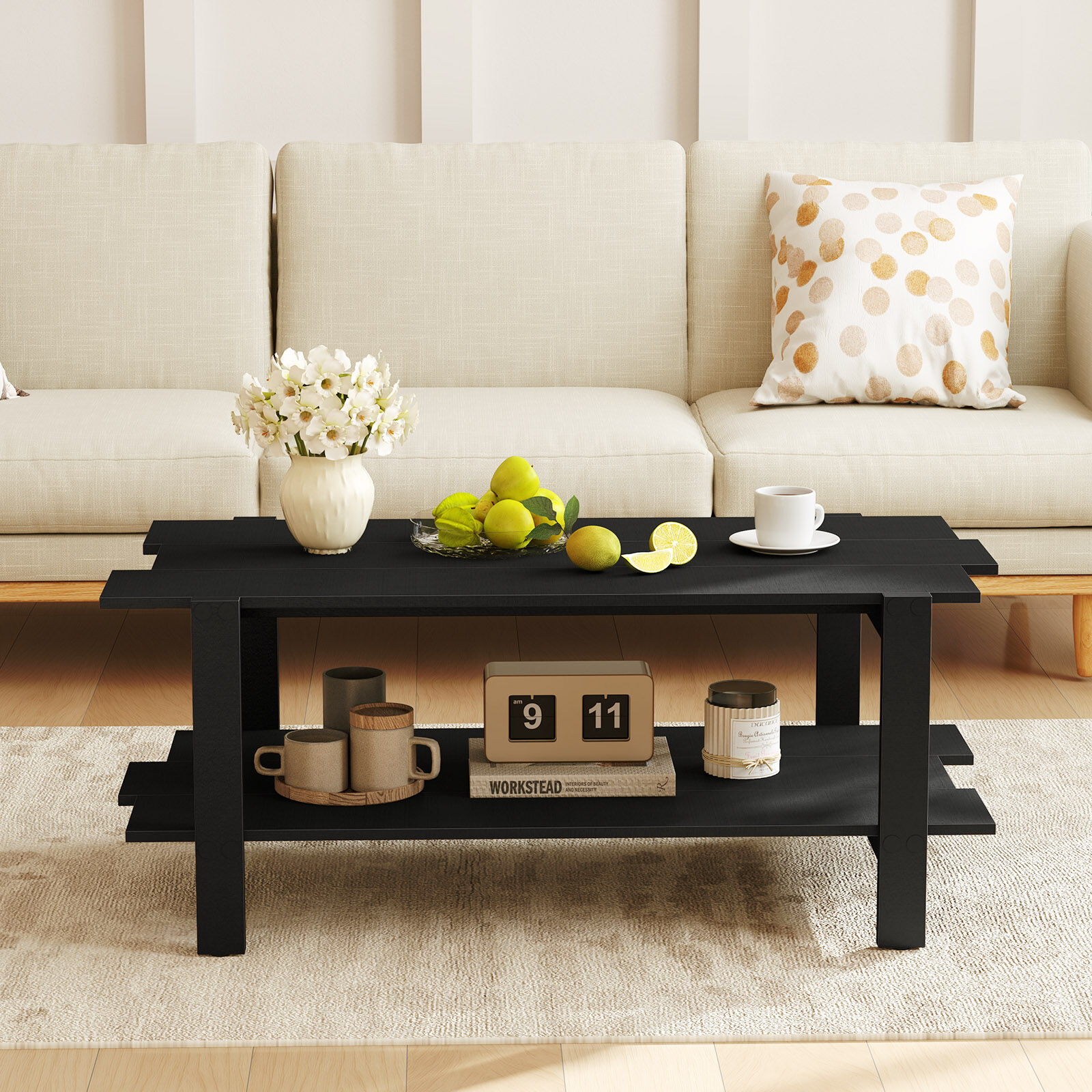 2-Tier Wooden Center Table with Slatted Design and Storage Shelf