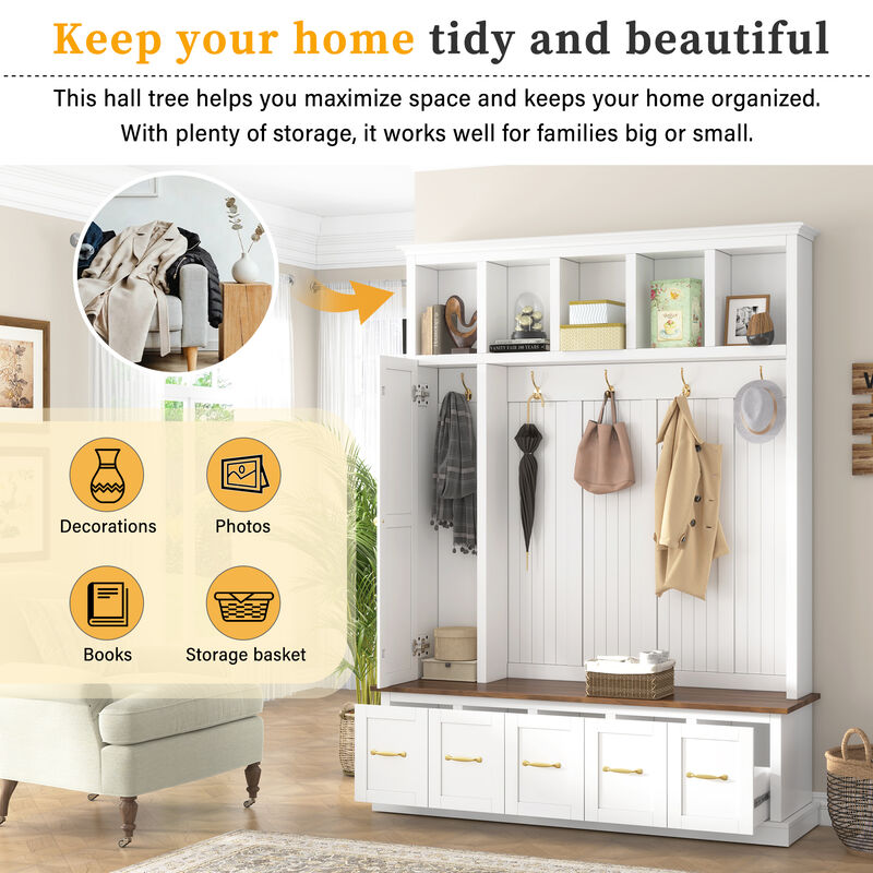 Merax 4-in-1 Entryway Hall Tree with Storage Bench, Hanging Hooks, Open Cubbies & Drawers image number 4