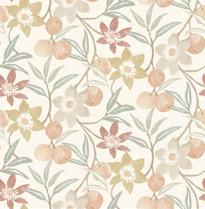 Passiflora Peach Fruit and Floral Wallpaper