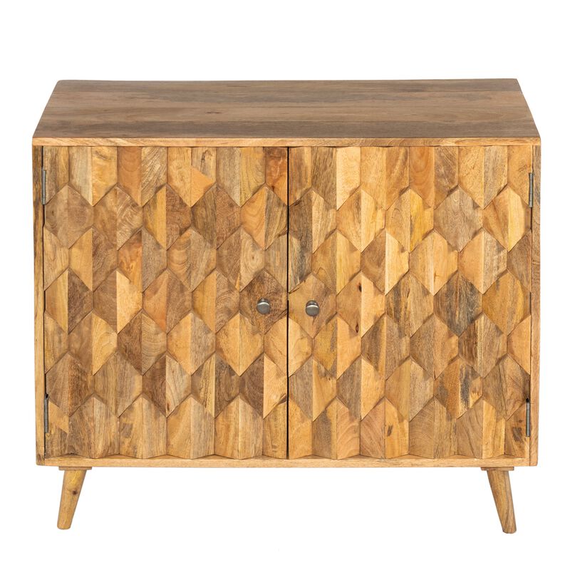 36 Inch Handcrafted Accent Cabinet, 2 Honeycomb Inlaid Doors, Mango Wood, Natural Brown-Benzara image number 2