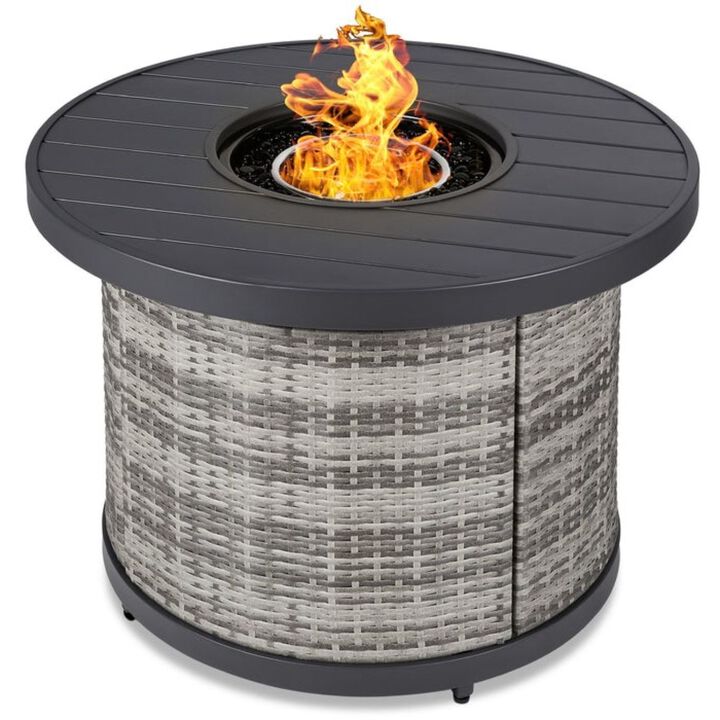 Hivvago 50,000 BTU Grey Wicker Round LP Gas Propane Fire Pit w/ Faux Wood Tabletop and Cover