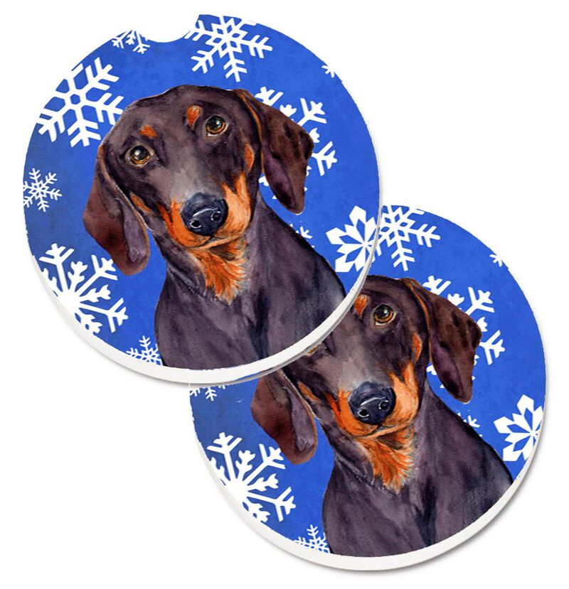 Caroline's Treasures Dachshund Winter Snowflakes Holiday Set of 2 Cup Holder Car Coasters LH9268CARC, 2.56, Multicolor image number 0