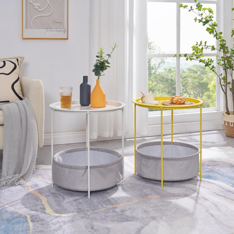 VECELO Round Side/End Table with Fabric Storage Basket