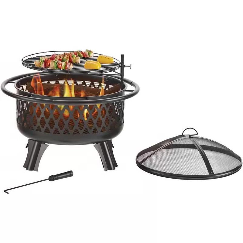 Hivvago 30-inch Black Steel Outdoor Fire Pit Grill with Screen and Poker