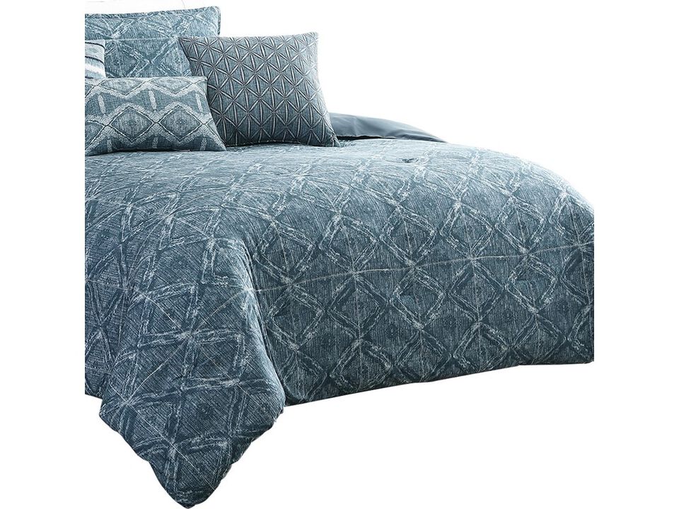 7 Piece Queen Size Cotton Comforter Set with Geometric Print, Blue - Benzara