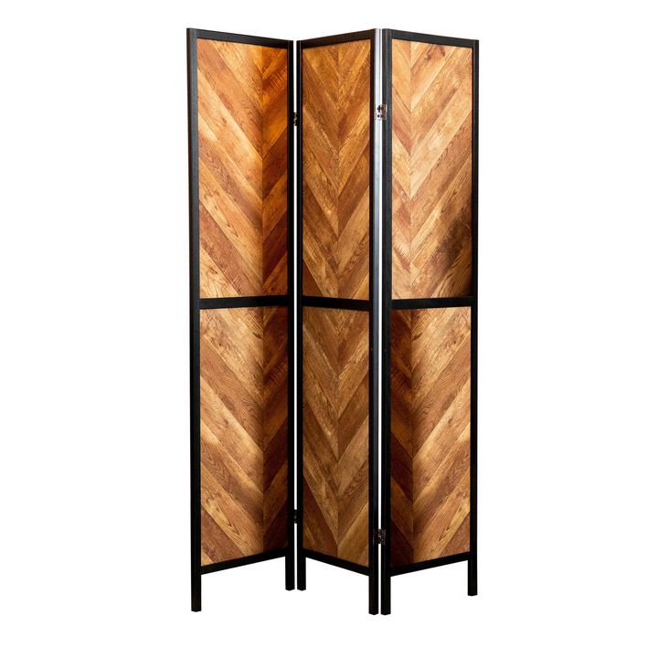 70 Inch Modern 3 Panel Folding Room Divider, Herringbone Pattern, Brown - Benzara