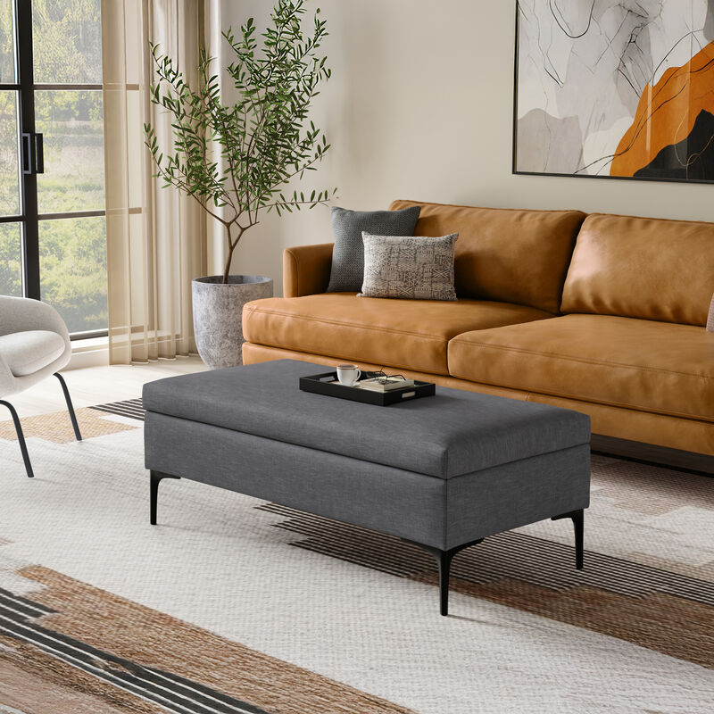 Rebecca 48 inch Wide Mid Century Modern Rectangle Large Coffee Table&nbsp;Storage Ottoman with Lift up Lid in Slate Grey Polyester , Assembled image number 2