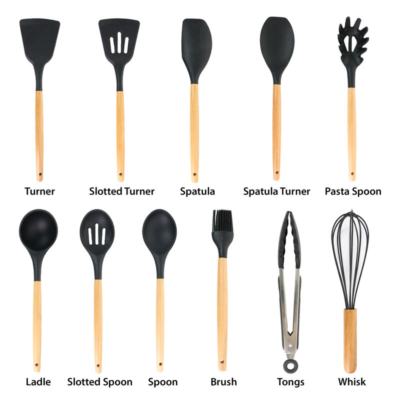 MegaChef Black Silicone and Wood Cooking Utensils, Set of 12