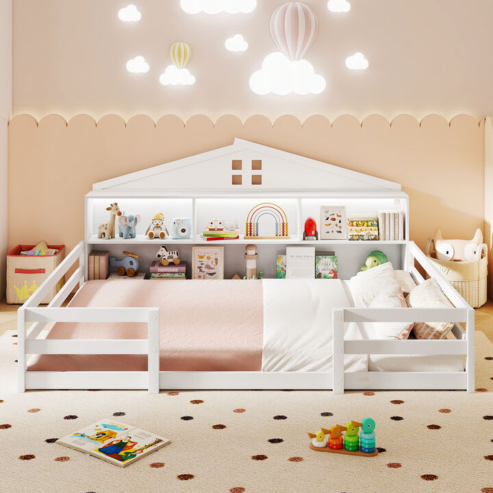 Full Montessori Floor Bed Frame with Built-In Storage and Shelf
