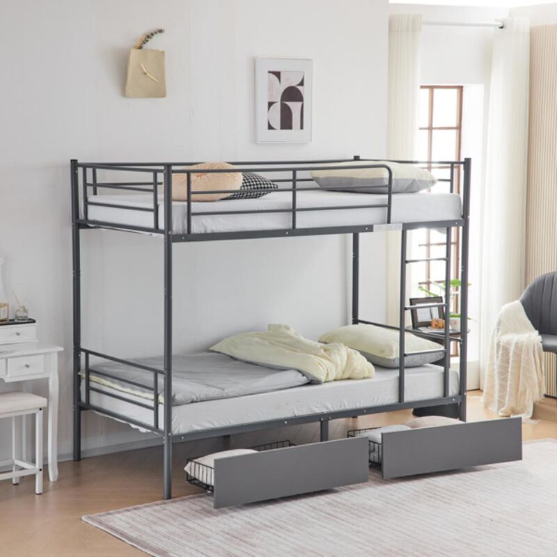 Space-Saving Convertible Bunk Bed with Metal Frame and Two Drawers