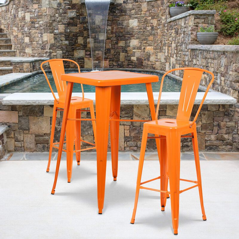 Flash Furniture Commercial Grade 23.75" Square Orange Metal Indoor-Outdoor Bar Table Set with 2 Stools with Backs