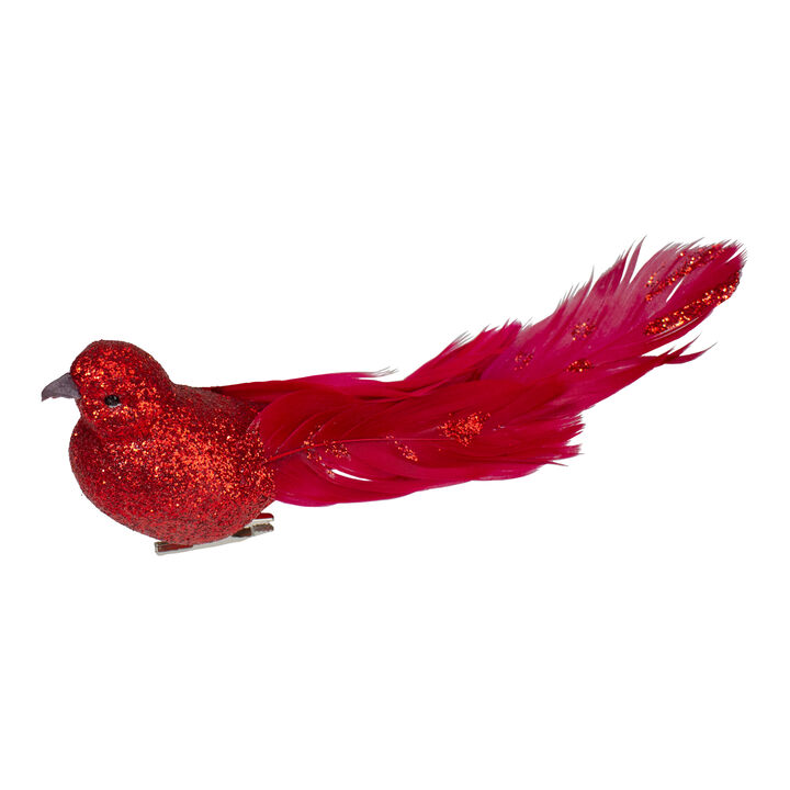 7" Red Glittered Bird With Feathers Christmas Clip On Ornament