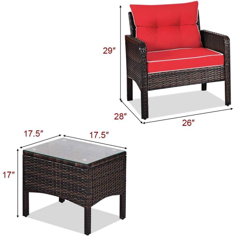 Hivvago 3-Piece Brown PE Rattan Outdoor Dining Patio Furniture Set with Red Cushions