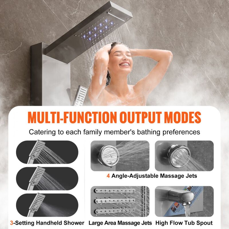 Stainless Steel Shower Panel Tower with 6 Shower Modes, Handheld, Tub Spout-Silver image number 6
