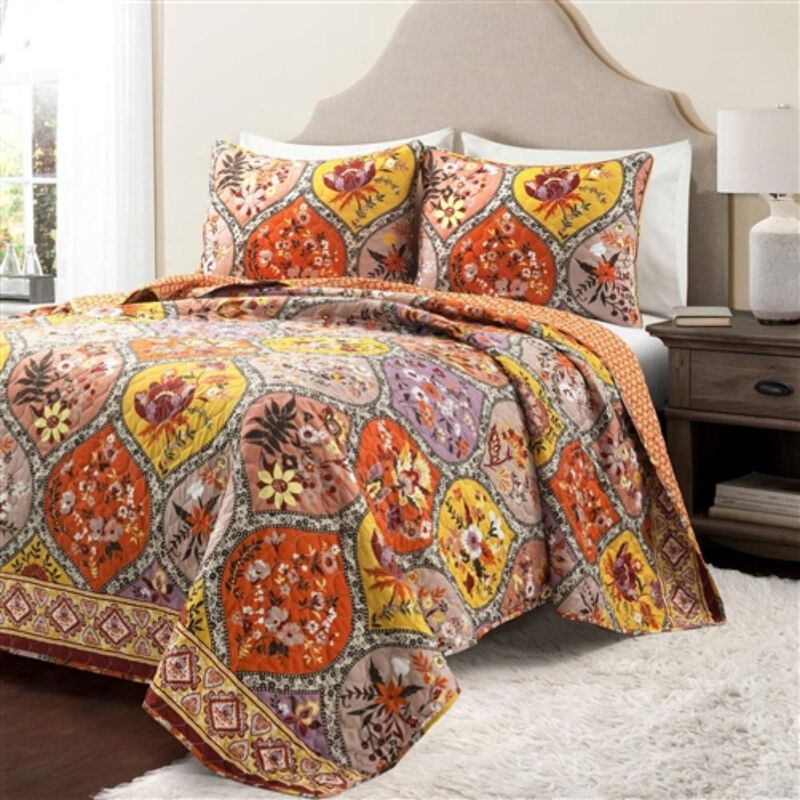 Hivvago Boho Floral Lightweight Cotton Orange Mauve 3-Piece Quilt Set