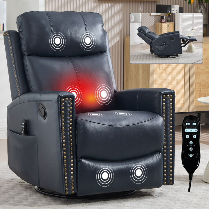 Genuine Leather Heat Massage Manual Recliner Chair with Rocker and Swivel for Living Room