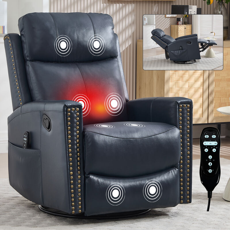 Genuine Leather Heat Massage Manual Recliner Chair with Rocker and Swivel for Living Room image number 1