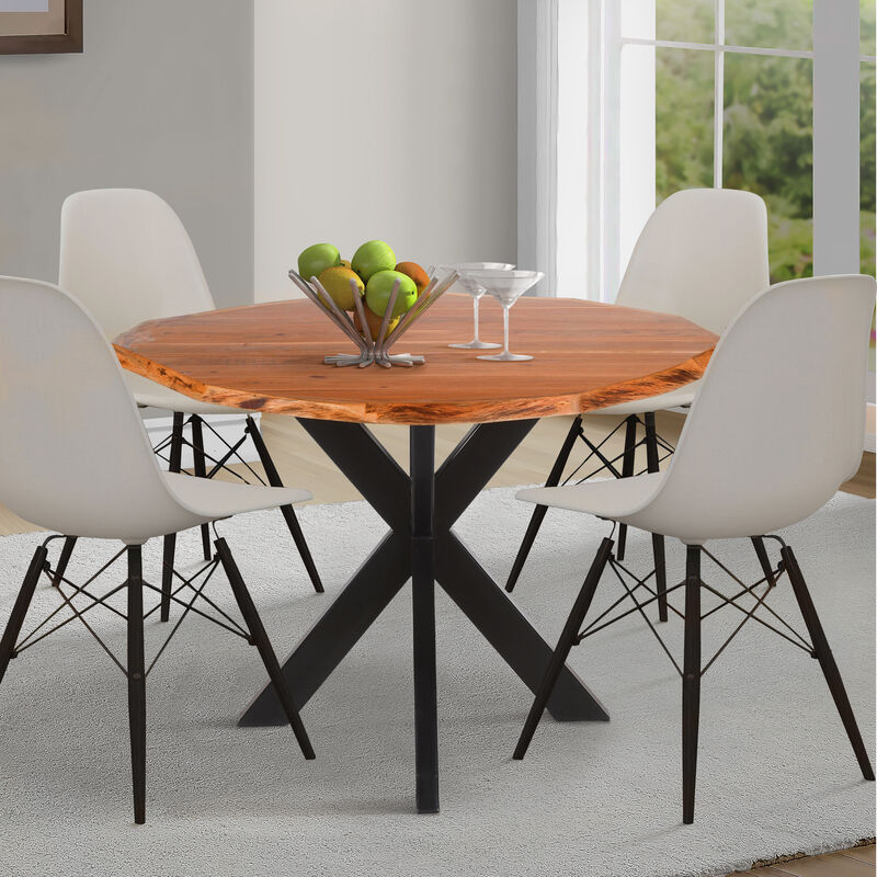 Kuri 41 Inch Handcrafted Live Edge Round Dining Table with a Natural Brown Acacia Wood Top and Black Iron Legs image number 5