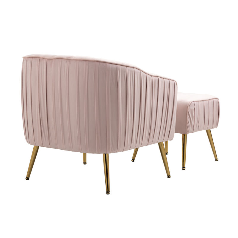 Velvet Accent Chair, Modern Barrel Chair with Ottoman, Arm Pub Chair for Living Room/Bedroom/Nail Salon, Blush Pink, Golden Finished, Suitable for Small Spaces