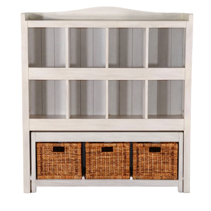 Bem Bookcase w Trundle Bench, 3 Woven Basket, 8 Cubbies, White 57 Inch - Benzara