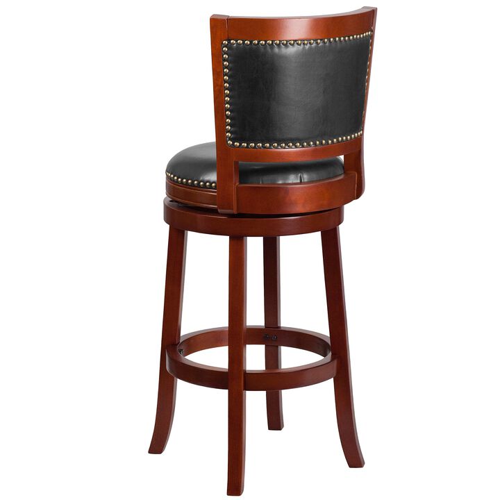 Flash Furniture Ebert 30'' High Dark Cherry Wood Barstool with Open Panel Back and Walnut LeatherSoft Swivel Seat