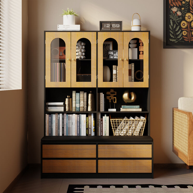 FUFU&GAGA Modern Cabinet with Seating &ndash; MDF Construction, 4 Glass-Panel Doors, 4 Drawers, and Cotton Seat Cushion, (47.2" L x 11.8" W x 63.6" H), Brown