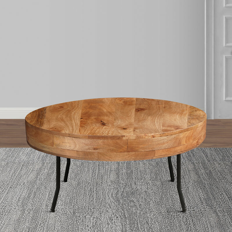 32 Inch Coffee Table, Handcrafted Mango Wood Round Top, Black Metal Angled Legs