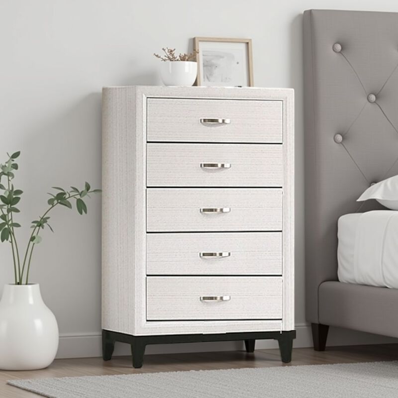 Erica Tall Dresser Chest, 5 Drawers Chrome Bar Handles, White Wood