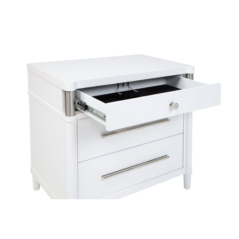 Ruvie Nightstand with 3 Drawers, Metal Post Accent, White Wood 26 Inch image number 5