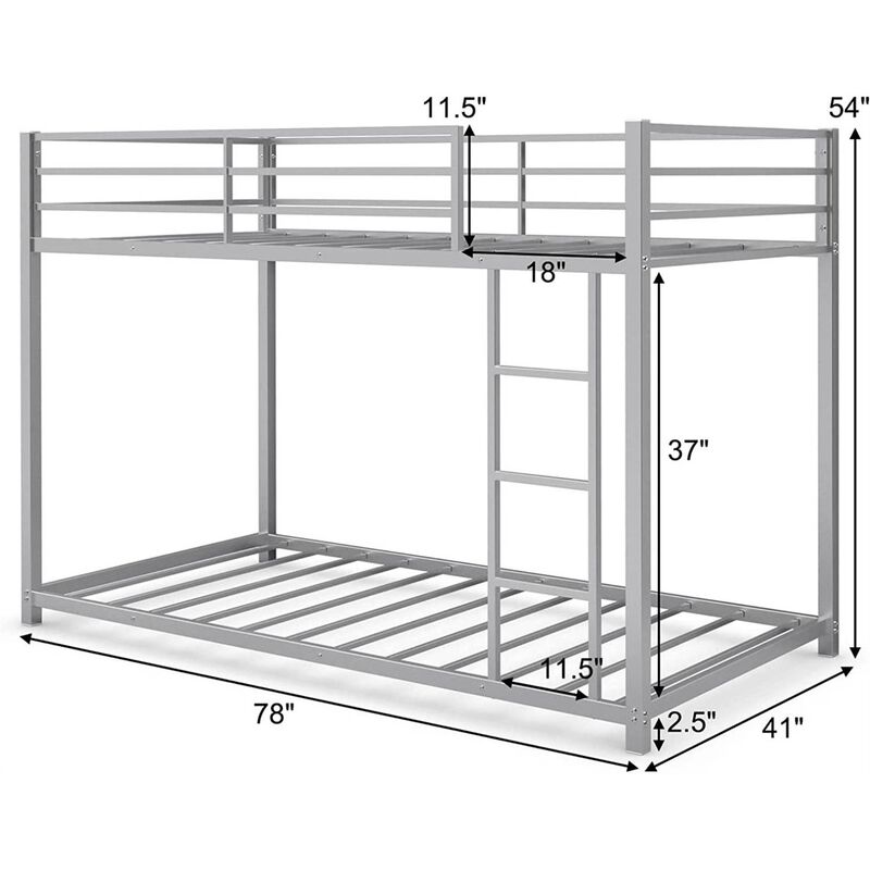 QuikFurn Twin over Twin Low Profile Modern Bunk Bed in Silver Metal Finish
