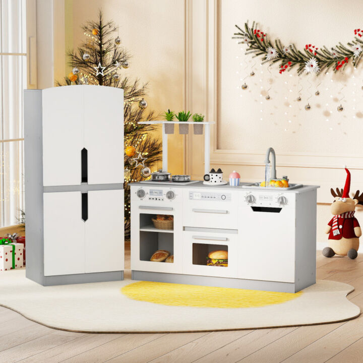 Kids Wooden Kitchen Playset 2 Piece Set with Fridge and Running Water