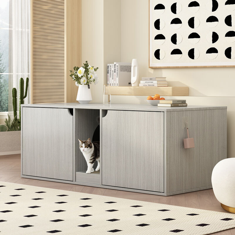 Cat Litter Box Enclosure for 2 Cats, Indoor Wood Stackable Cat Washroom Storage Cabinet Bench End Table Furniture, Gray