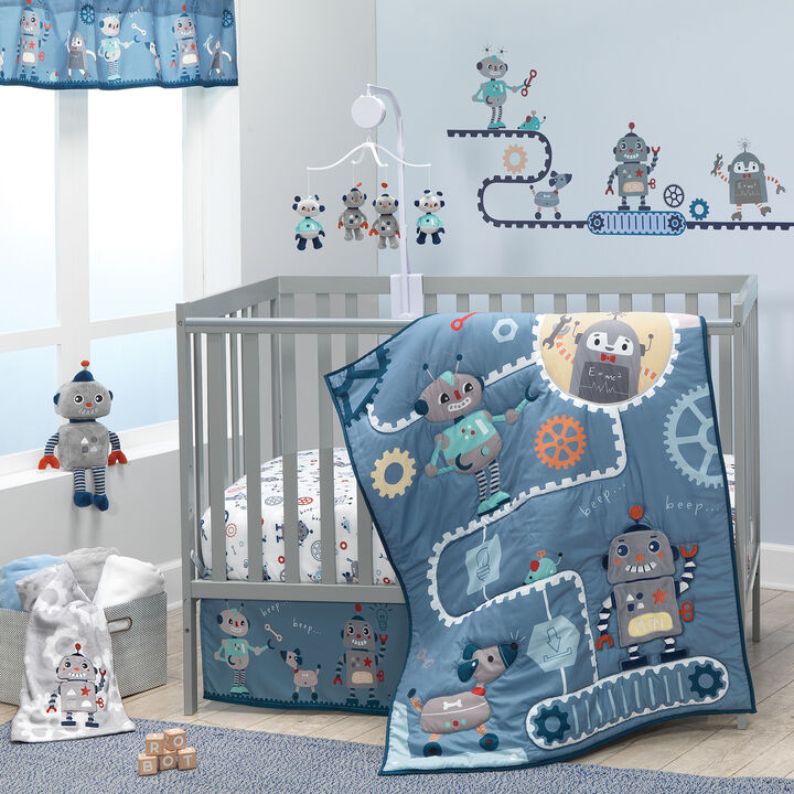 Bedtime Originals Robbie Robot Blue Nursery 5-Piece Baby Crib Bedding Set