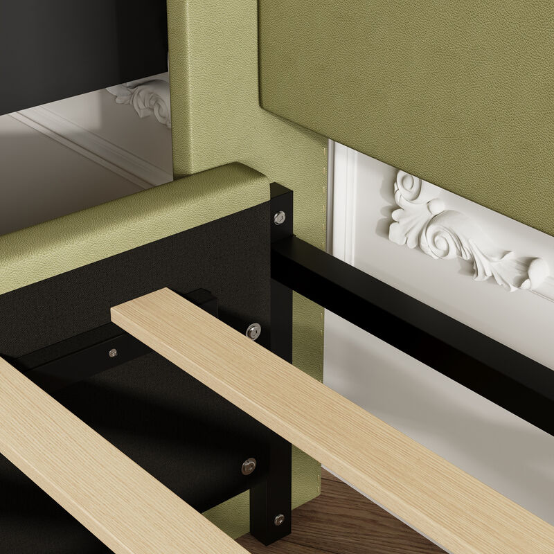 FUFU&GAGA Minimalist Leather King Bed with Iron Frame Tall Button-Detail Headboard Wood and Iron Legs 86.2''L x 79.9''W x 53.1''H Green