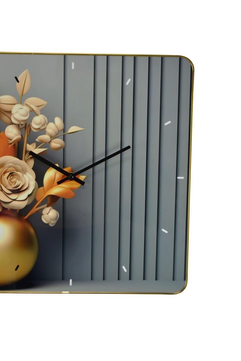 HomeRoots 24" Beige Gold And Gray Solid Wood and Acrylic Silent Analog Floral Wall Clock image number 3
