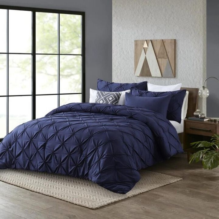 Hivvago King Size All Season Pleated Hypoallergenic Microfiber Reversible 3 Piece Comforter Set in Navy