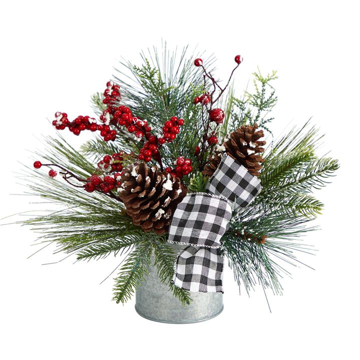 Nearly Natural 12-in Frosted Pinecones and Berries Artificial Arrangement in Vase with Decorative Plaid Bow