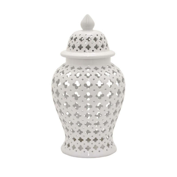 24 Inch Temple Ginger Jar, Ceramic White Carved Lattice Design with Lid - Benzara