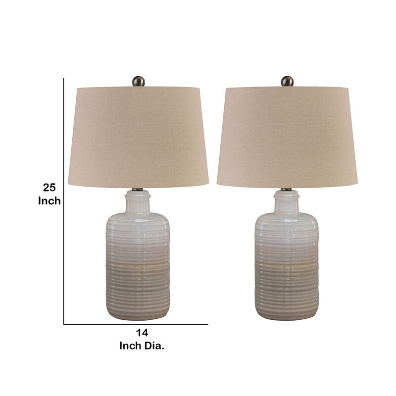 Ceramic Body Table Lamp with Brushed Details, Set of 2, Beige and White - Benzara