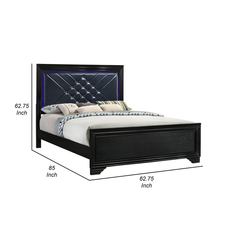 Vini Queen Bed, LED Headboard, Midnight Blue Faux Leather Upholstery, Black - Benzara