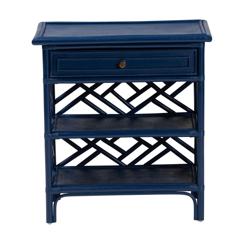 bali & pari Tiaret Natural Rattan Nightstand with Drawer and Shelves – Chippendale-Style Bedside Table for Bedroom or Coastal Living Spaces, Blue