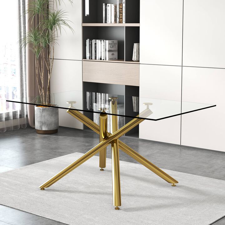 Hivvago 68 Seater Modern Rectangular Tempered Glass Table Top with Golden Plated Single Legs