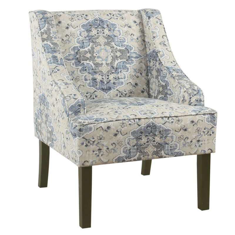 Fabric Upholstered Wooden Accent Chair with Swooping Armrests, Blue, Cream and Brown-Benzara
