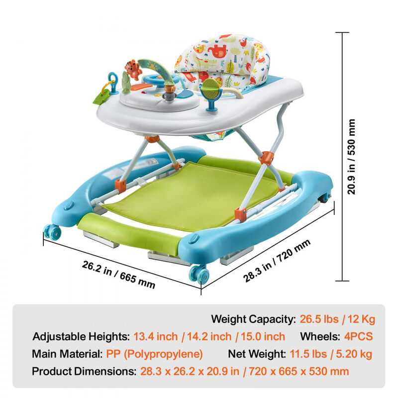 Foldable Baby Activity Walker with Wheels, Toys, Music, and 3-Height Adjustment
